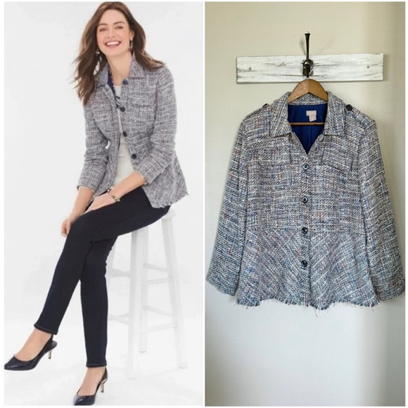 CHICO’S 3 / XL 16 18 Tweed Peplum Fringe Trim Jacket Blazer - Picture 1 of 12